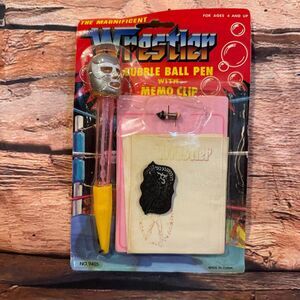 Magnicient Wrestler Wrestling Bubble Ball Pen Memo Clip Set Vintage Style Masked